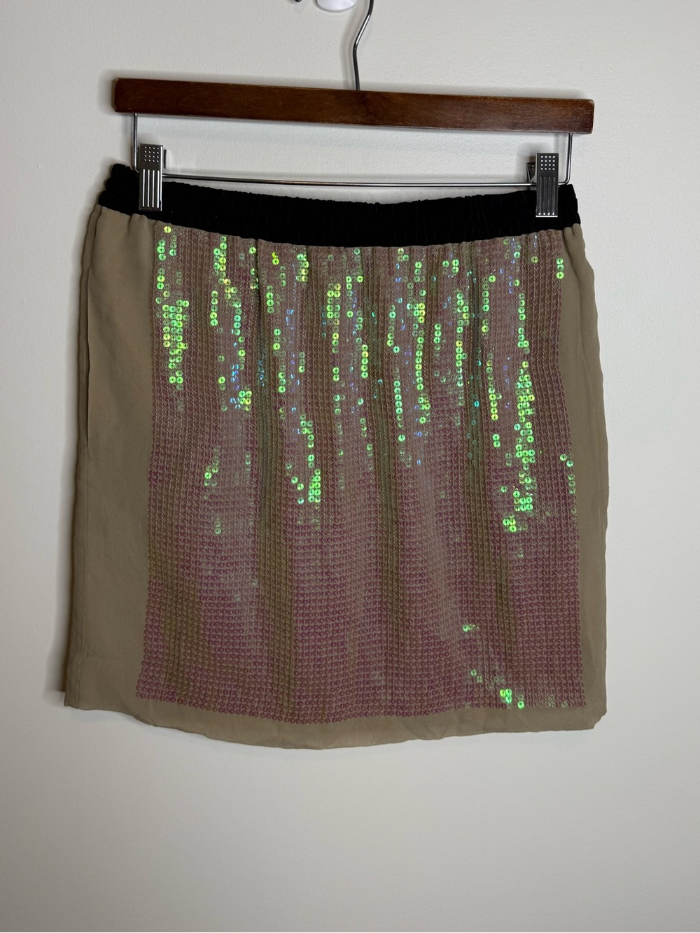 BCBGMaxAzria Tan Mini Skirt sequin silk size xxs pumice